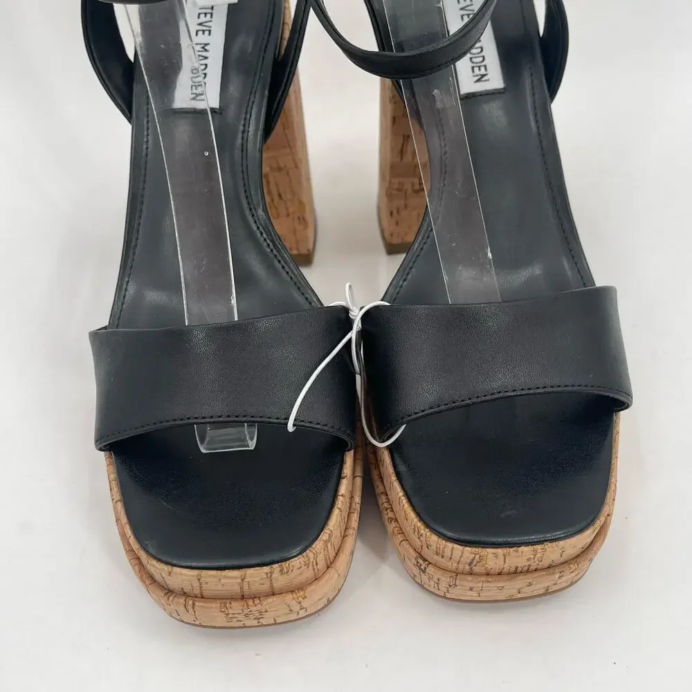 NEW STEVE MADDEN Warped Heels Size 10 Platform Leather Black Cork Y2K Inspired